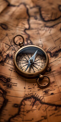 Fototapeta na wymiar Vintage Compass on an Ancient World Map with Geographic Features