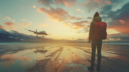 Image of a young man standing and looking at an airplane on the runway