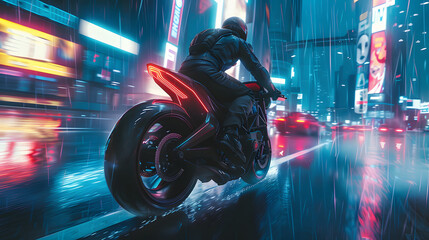 Action shot with man riding a bike in futuristic cyberpunk city. Dynamic scene with motorcycle ride...