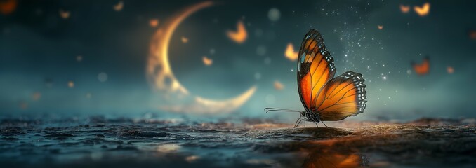 Majestic Butterfly Basking in Moonlight on a Mystical Evening - obrazy, fototapety, plakaty