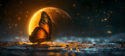 Majestic Butterfly Basking in Moonlight on a Mystical Evening - obrazy, fototapety, plakaty