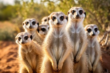 A group of meerkats on alert for predators. - obrazy, fototapety, plakaty