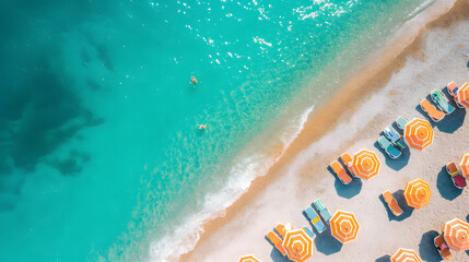 Aerial View of a Pristine Tropical Beach with Sunshades and Turquoise Sea - obrazy, fototapety, plakaty