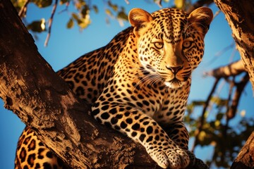 A leopard silently climbing a tree for a better vantage point.