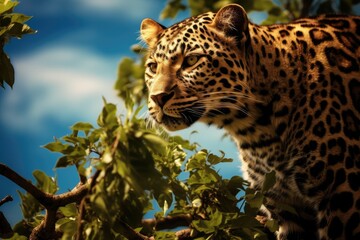 A leopard silently climbing a tree for a better vantage point.