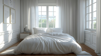 Morning Light in a Cozy Bedroom with White Linen and Curtains