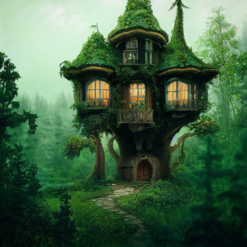 Fairy tale tree-house covered by moss in magic green forest