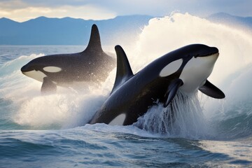 Naklejka premium Killer whales working together to capture a seal.