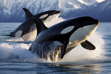 Obraz premium Killer whales working together to capture a seal.