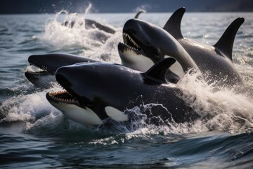 Fototapeta premium Killer whales working together to capture a seal.