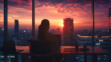Fototapeta na wymiar Silhouette of a businesswoman at her desk by a window with a city view at sunset,