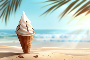 Ice cream cone in the sand on the beach with ocean landscape