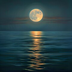 Full moon rising over a calm ocean, its reflection shimmering across the water, serene and mystical night scene.