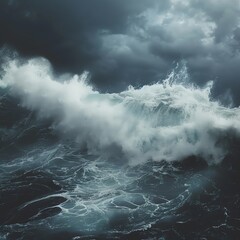 Close-up of the sea surface during a storm, high waves and dramatic clouds, capturing the power and mood of the ocean.