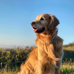 Close-up image of a golden retriever sitting on a grass field, sunlight illuminating its fur, clear blue sky in the background.