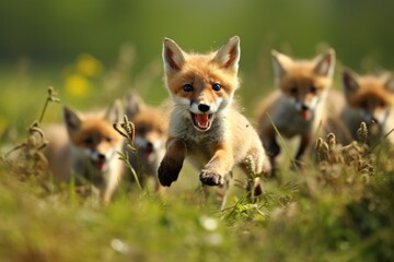 Fototapeta premium Foxes pouncing on mice in a grassy field.