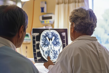 Two doctors examine a skull tomography scan. Medical concept of diagnostics and treatment. Three-dimensional images aid in identifying pathologies and planning treatment. Generative AI.