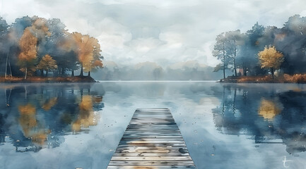 Reflections of Nature: Watercolor Lakeside Scene with Seasonal Color Customization - obrazy, fototapety, plakaty