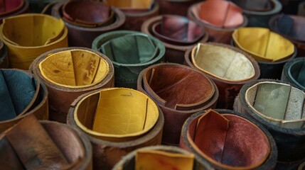 A bunch of leather bowls of different colors