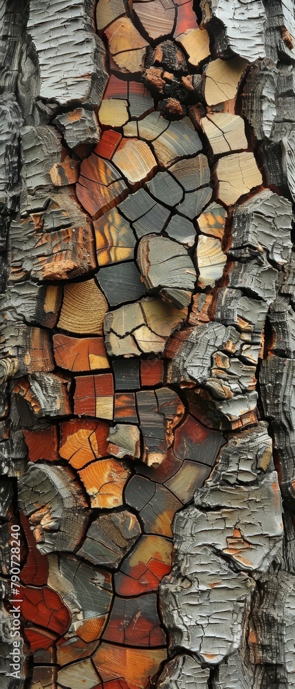 Poster a tree trunk with a crack in it and a mosaic of colors