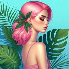 Beautiful woman with flowers , spring flat illustration, cheery pastels colors.	 - 790728234