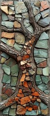 A mosaic tree made of broken pieces of wood and stone
