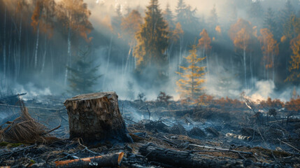 A haunting forest scene with smoke rising among trees and a lone tree stump in the foreground.