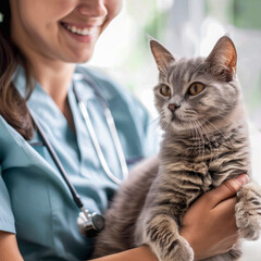A cat sits calmly in the comforting embrace of a young female veterinarian, symbolizing the compassionate care and healing provided to animals in need of medical attention. Generative AI.