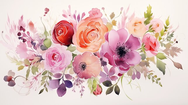 Elegant Watercolor Floral Arrangement with Roses and Pastel Colors