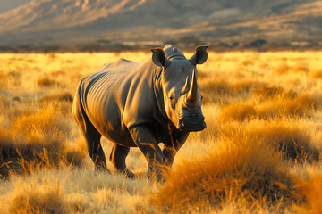 Majestic Rhinoceros Grazing in the Golden Sunset of the Savannah