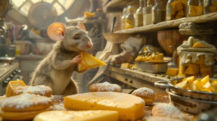 A mouse is holding a piece of cheese in a kitchen - obrazy, fototapety, plakaty
