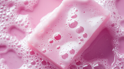 A close-up of a square bar of soap, with a soap bubble on top. Pink background. Raw graphic photos. Cosmetics advertising materials. A view from above.