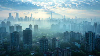 A city skyline enveloped in a soft mist, with skyscrapers fading into the haze at dawn.