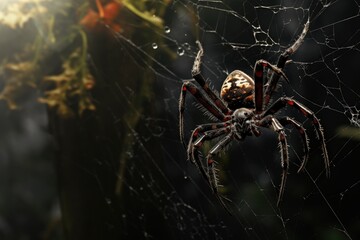 A spider weaving a web to catch flying insects. - obrazy, fototapety, plakaty