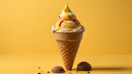 ice cream in a cone on yellow background