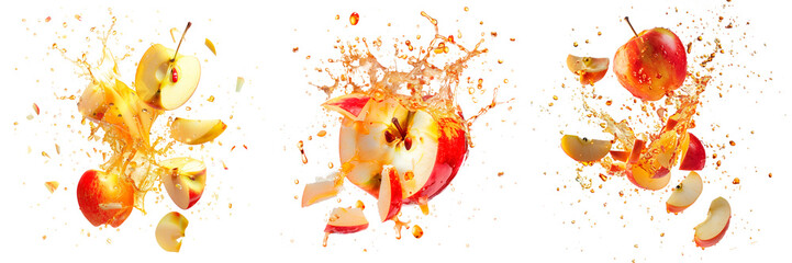 Set of apples exploding and bursting into pieces with juice splatters in different directions, isolated on a white or transparent background. Fruit explosion, apple juice splashes, side view.