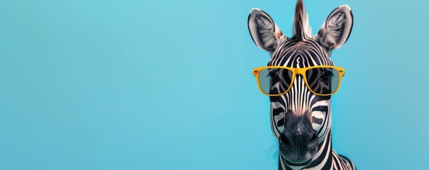 Stylish zebra wearing cool sunglasses. blue background.  banner