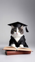 Cute cat laying on a pile of books on an light background with space for text, education concept.