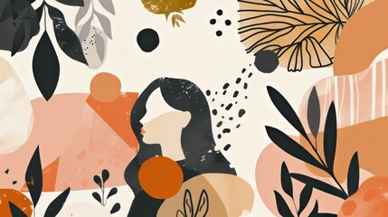 Seamless pattern with silhouettes of women and abstract shapes background artistic illustration. Ai generative.