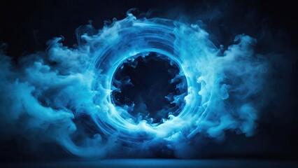 Circular Blue Smoke explodes outward, with dramatic smoke or fog effect with a scary Dark background - obrazy, fototapety, plakaty