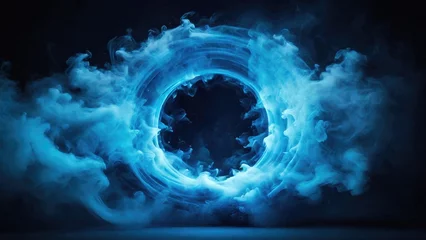 Fotobehang Circular Blue Smoke explodes outward, with dramatic smoke or fog effect with a scary Dark background © Reazy Studio