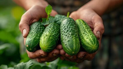 Naklejka na ściany i meble Freshly Harvested Cucumbers Cradled in Farmer's Hands