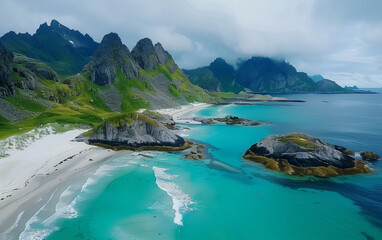**a drone photo of the beautiful beach and mountains in Lofoten, Norway with turquoise water, posted on snapchat by justin bmpeg, photorealistict - obrazy, fototapety, plakaty