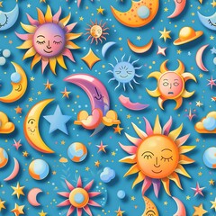 Fototapeta na wymiar A seamless pattern of suns and moons with geometric 3D shapes and vibrant colors. Seamless Pattern, Fabric Pattern, Tumbler Wrap, Mug Wrap.