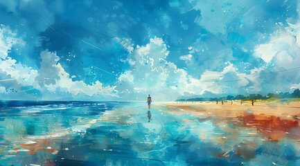 Heatwave Dreams: Watercolor Mirage of a Summer Beach Fantasy - obrazy, fototapety, plakaty