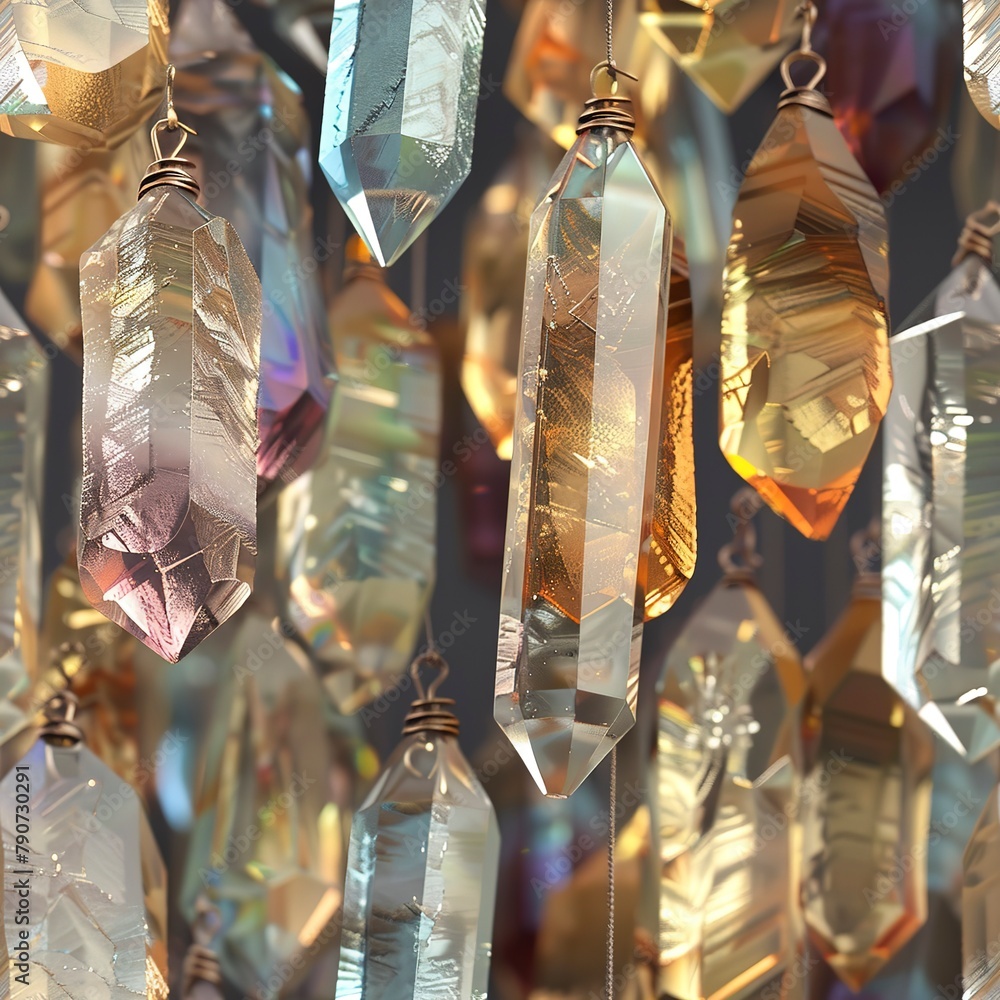Poster a pattern of 3d crystal pendants, each with unique bohemian markings. seamless pattern, fabric patte