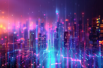 Obraz premium Modern city & big data connections. Abstract visualization. Cool blues & warm green accents. Technology and innovation