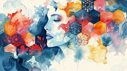 Watercolor floral background with a woman portrait  and abstract shapes hexagons. Hand-drawn illustration. AI generative.