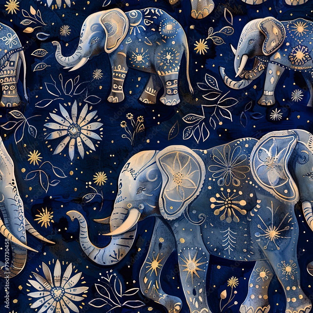 Poster majestic 3d elephants adorned with intricate boho patterns, roaming under a starry sky. seamless pat