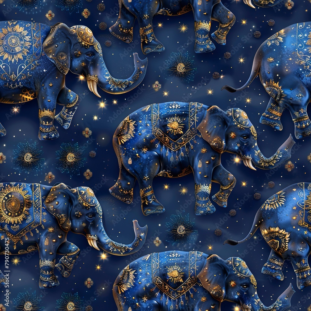 Poster Majestic 3D elephants adorned with intricate boho patterns, roaming under a starry sky. Seamless Pattern, Fabric Pattern, Tumbler Wrap, Mug Wrap.